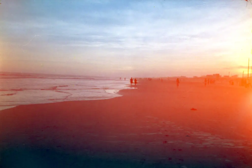 Fogged color Image of the beach after the film camera door was opened. 