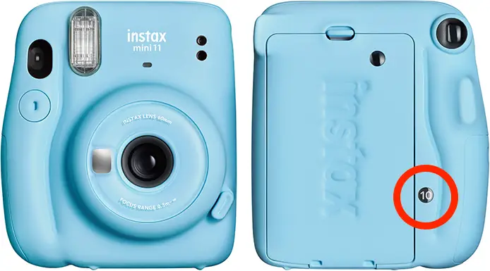 Fujifilm Instax Mini 11 with the film counter highlighted on the back.