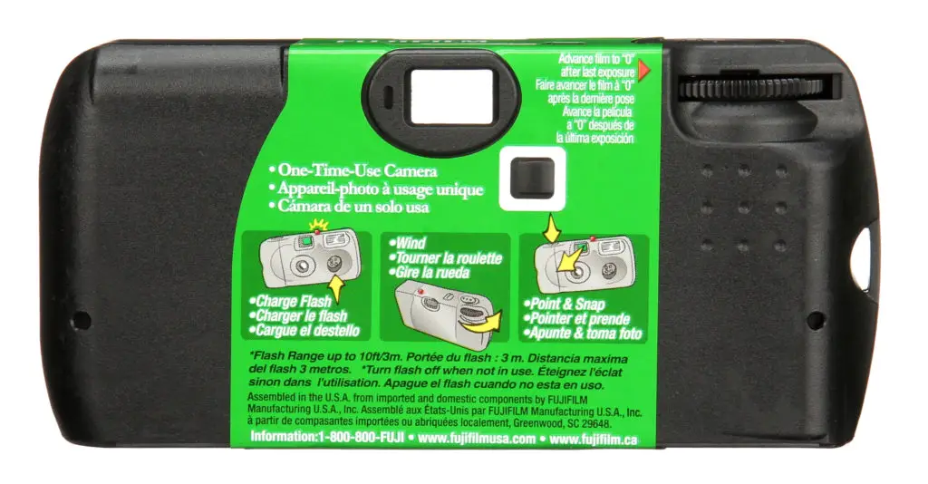 Back of a Fujifilm disposable film camera.