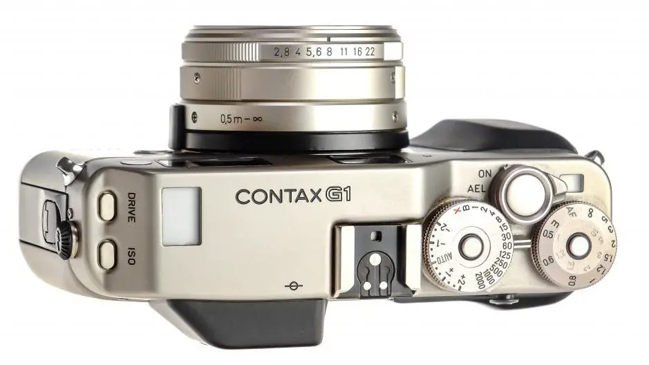 Top of A Contax G1 35mm Film Camera. Note the ISO Button on the Left Hand Side Along With the Drive Button.