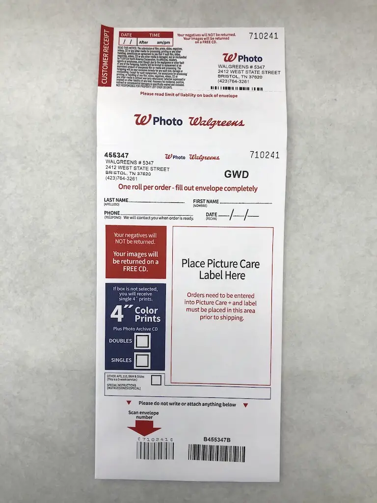 Front of the Order Form used by Walgreens to Develop Film.