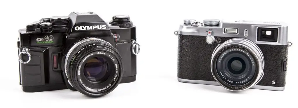 An Olympus 35mm Film SLR camera vs Fuji Rangefinder Style Digital camera