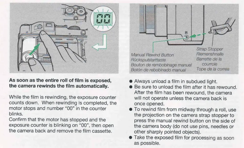 Ways to Rewind Film in the Contax G2 35mm Film Camera.