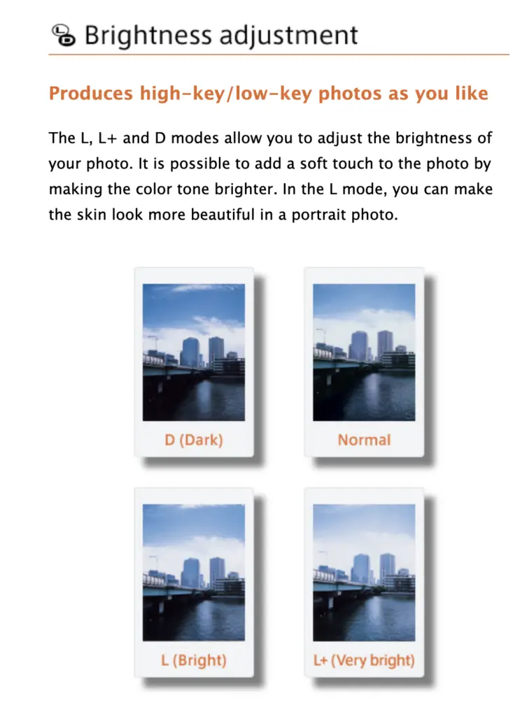 The different brightness settings on the Instax Mini 90. 