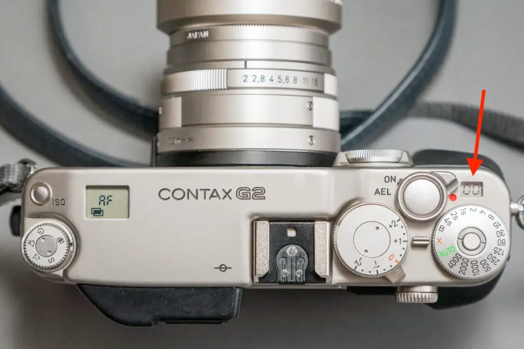 The digital frame counter on the Contax G2 35mm point and shoot film camera