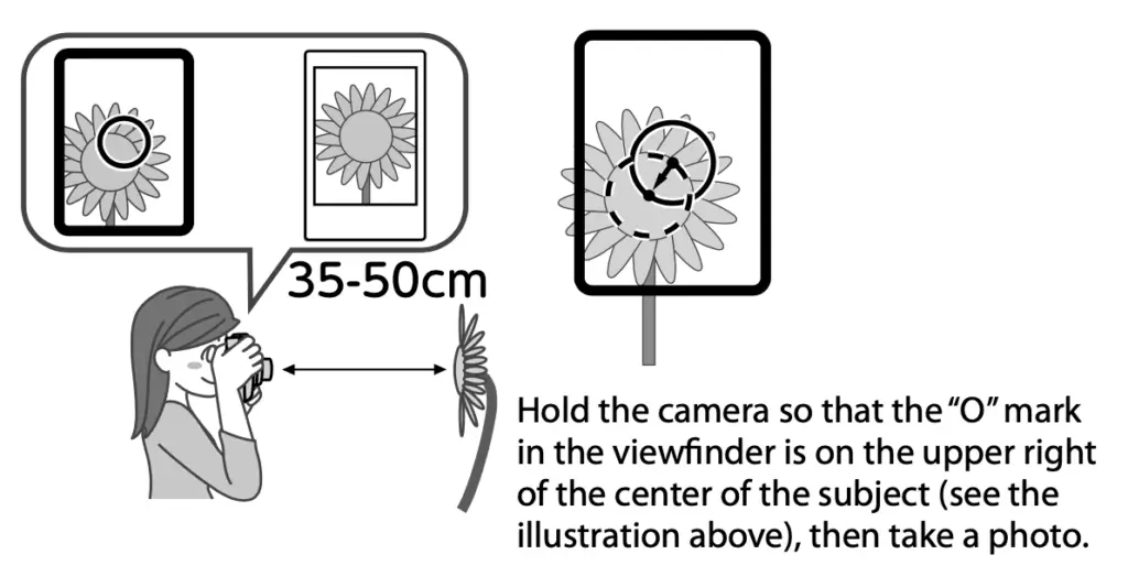 Move the circle slightly upper-right to your image when using the close-up lens adapter on the Instax Mini 9 for centered images