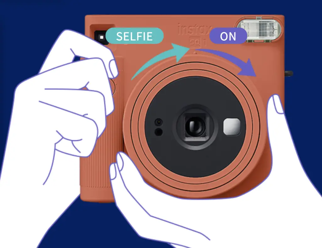 How to turn on the selfie mode on the Instax SQ1 as well as turn the camera on. 