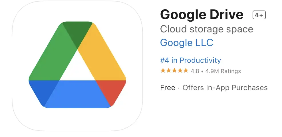 The Google Drive App on Apple App store