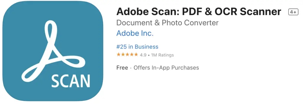 The Adobe Scan App on Apple App store