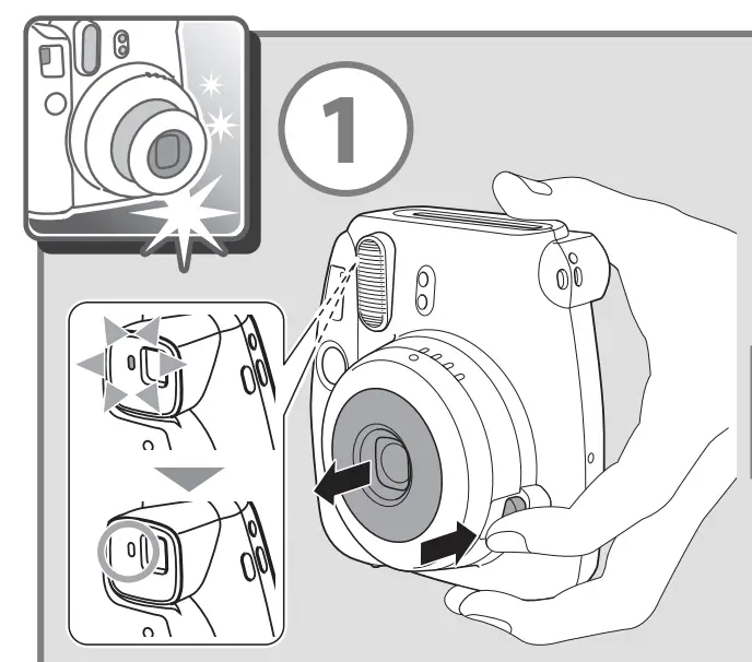 To turn on an Instax Mini 8, press the button narrow button next to the camera lens. The lens will extend and the flash indicator light blinking next to the viewfinder to let you know the instax Mini 8 the flash is charging