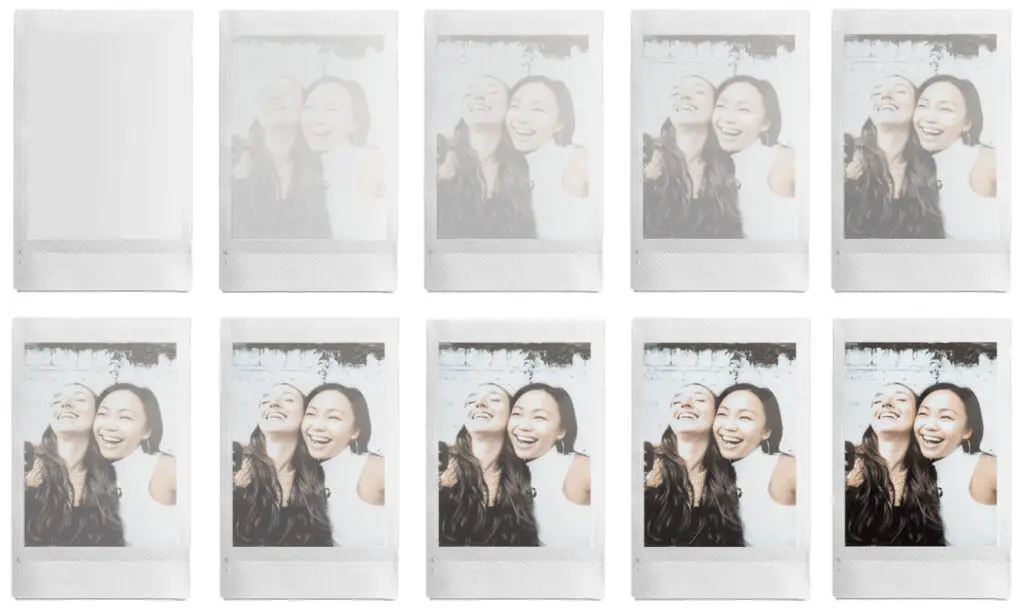 What Instax Mini film looks like when developing during the first 90 seconds (every 10 seconds)