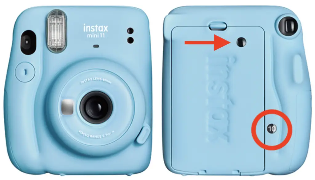 Fujifilm Instax Mini 11 with the film counter highlighted on the back and the film window.